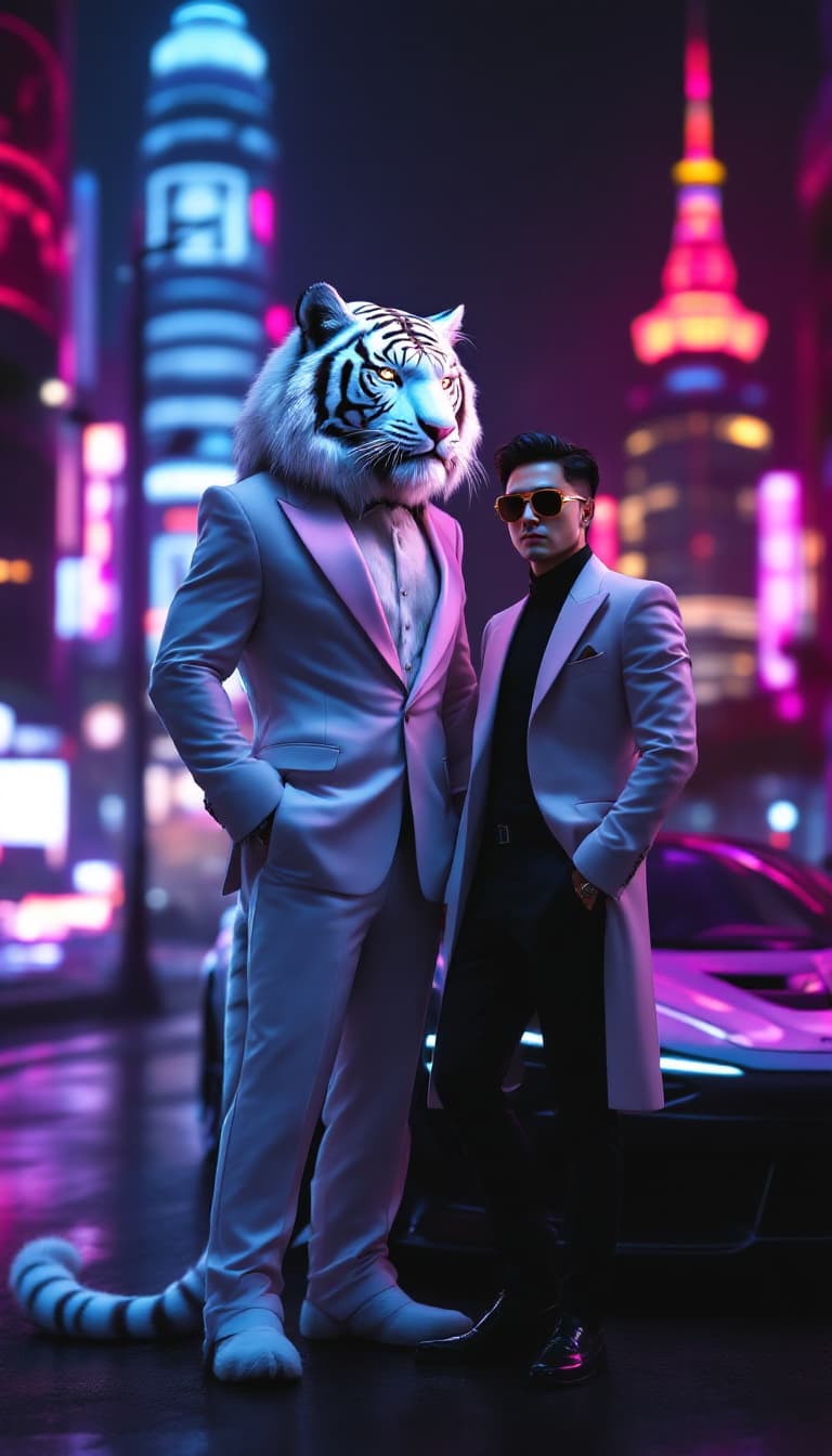 AI generated: A sleek anthropomorphic white tiger in a modern luxury tuxedo, standing beside a stylish South Korea...