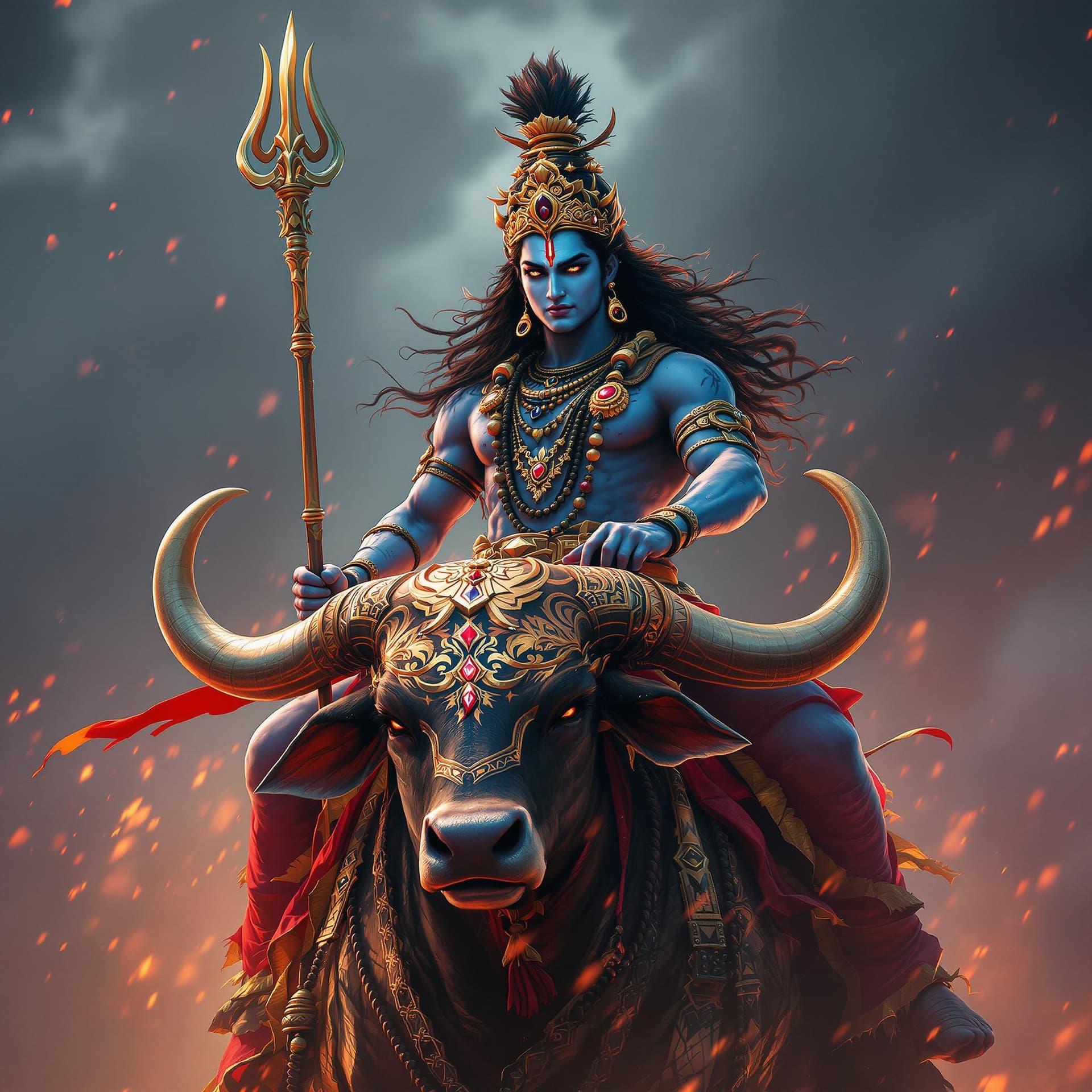 AI generated: A Full Body photo shot of a Lord Shiva warrior, riding on his majestic Nandi Bull, beautiful face, v...
