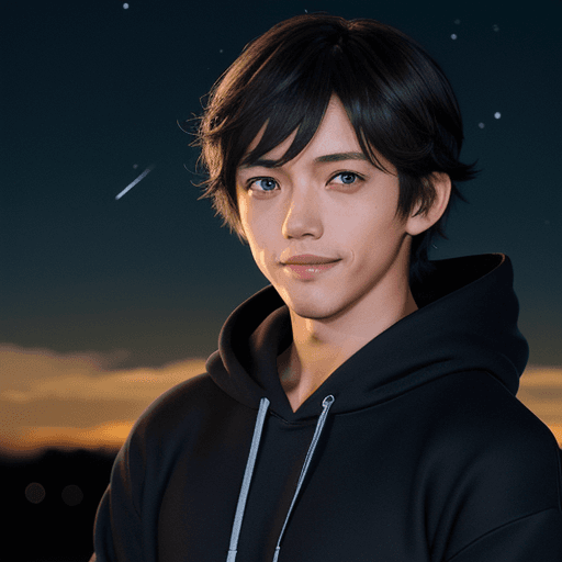 AI generated: shinkai makoto, kimi no na wa., tachibana taki, 1boy, blue eyes, brown hair, comet, hood, black4 hoo...