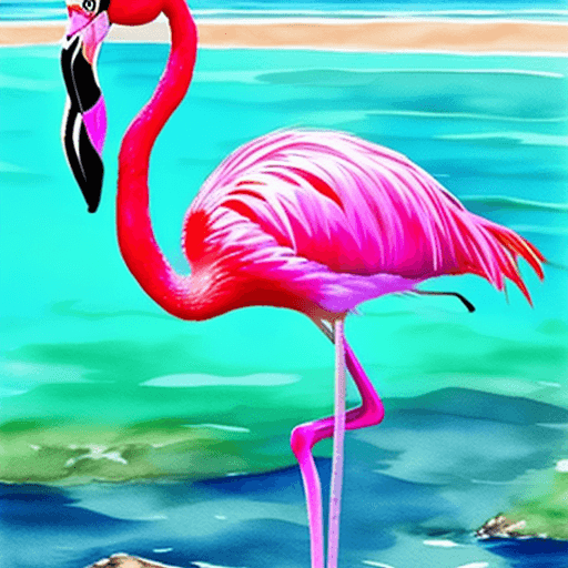 AI generated: hyper realistic pink flamingo in a modern water color style with vibrant colors in tropical ocean wa...