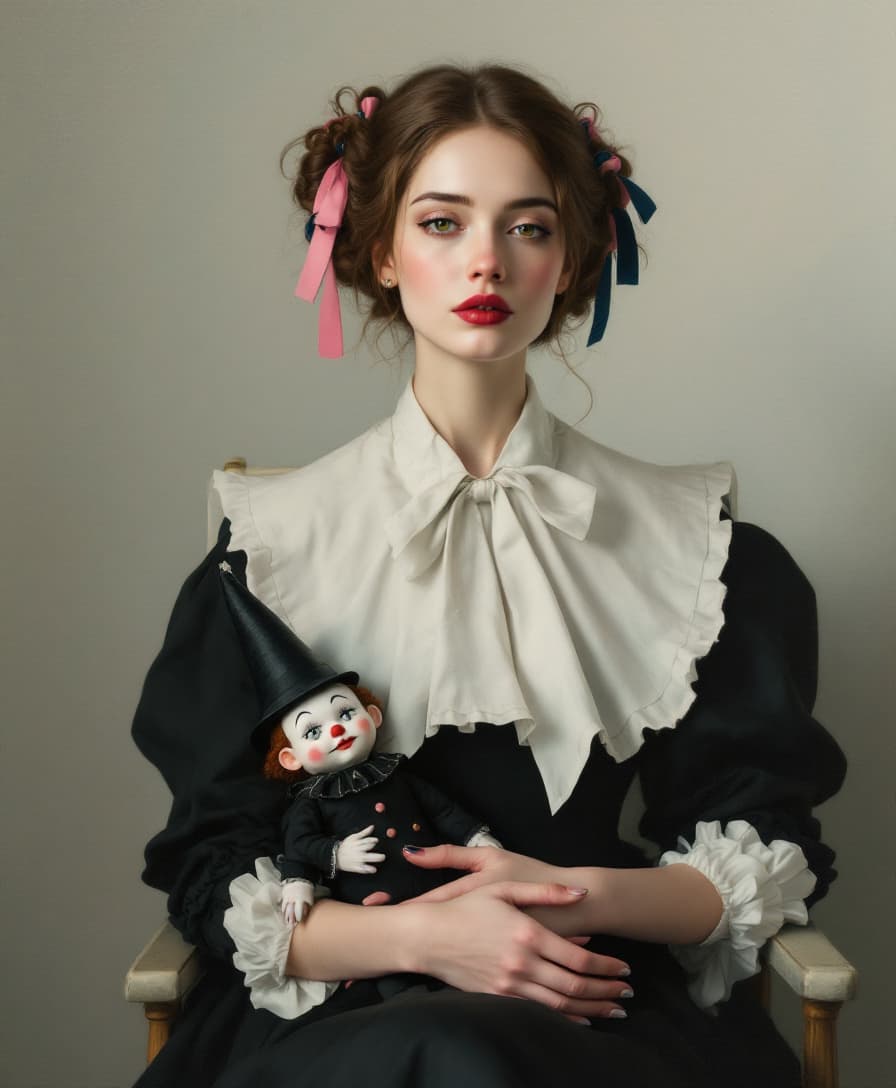 AI generated: "A woman sitting in a minimalist setting, inspired by Nick Alm's style, wearing an elegant black Vic...