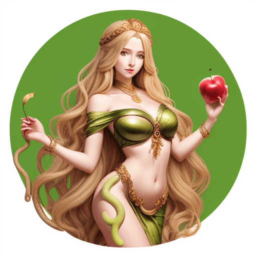 AI generated: Goddess long blond wavy hair holding an apple with a snake draped over her