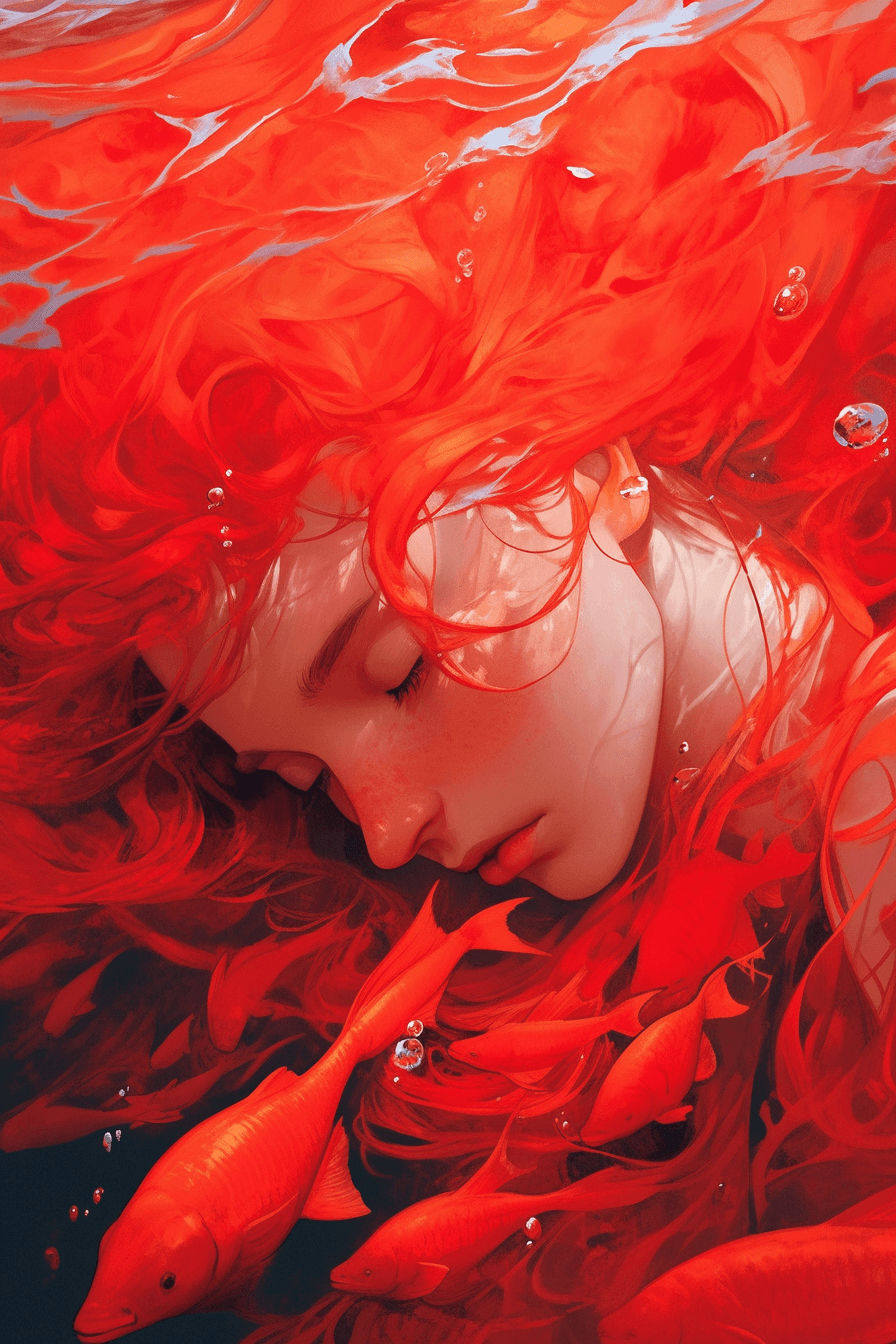 AI generated: Mysterious creature dissolving into vibrant red liquid silky paint, gentle oceanic waves, ethereal l...
