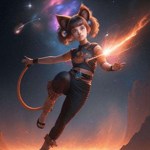 AI generated: cinematic young beautiful pretty and cute female with a monkey tail, big eyes, kitty ears and carre ...