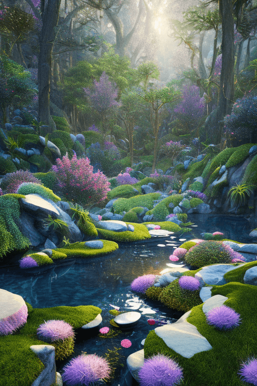 AI generated: relaxing night Forest flower crystals::4 emitting glitter garden landscape with pool of clear water ...