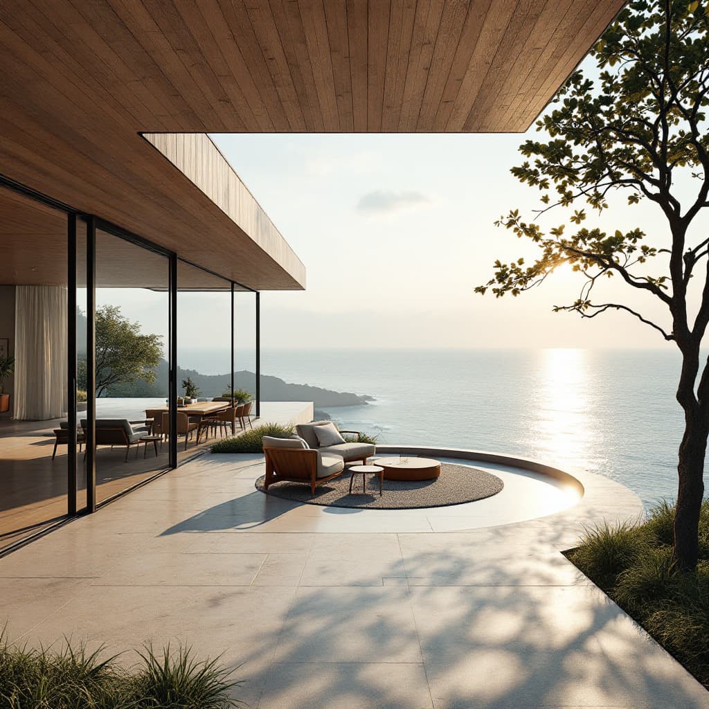 AI generated: Hyper realistic eye level exterior photo of a mid century modern style house overlooking the ocean, ...