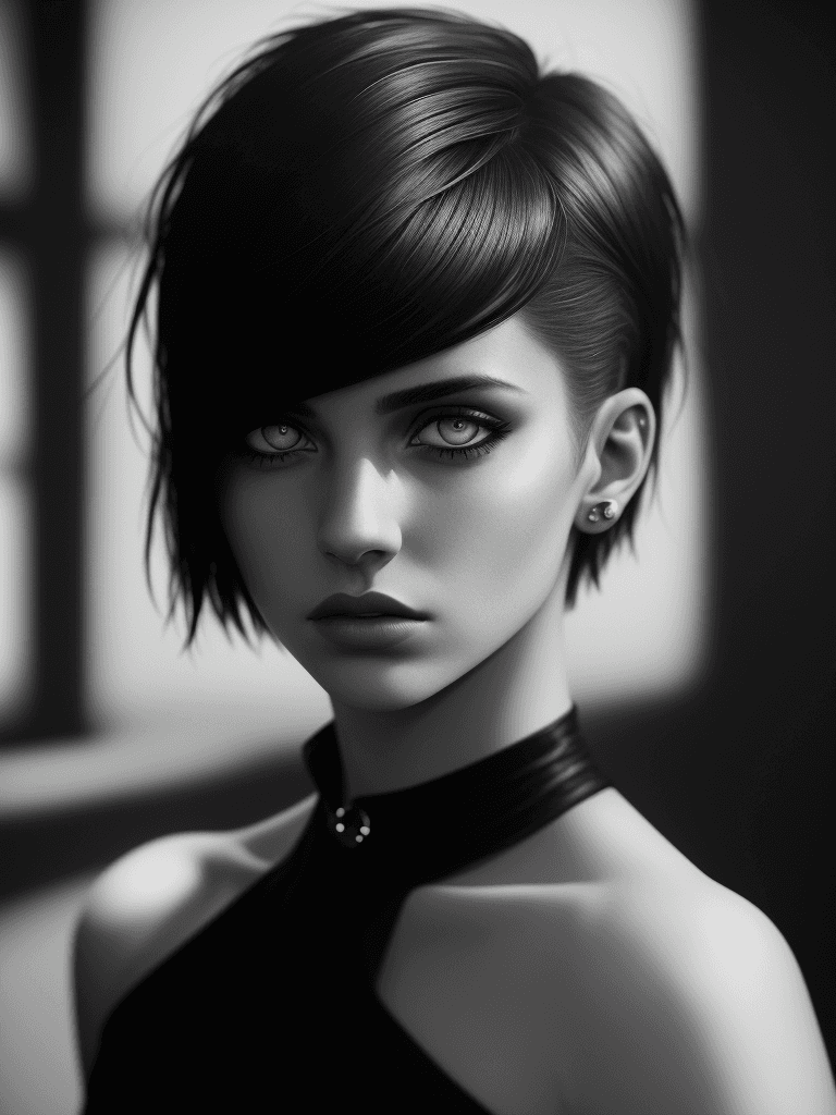 AI generated: A dramatic portrait of a young woman with a stylish haircut and piercing eyes. The photo is shot in ...