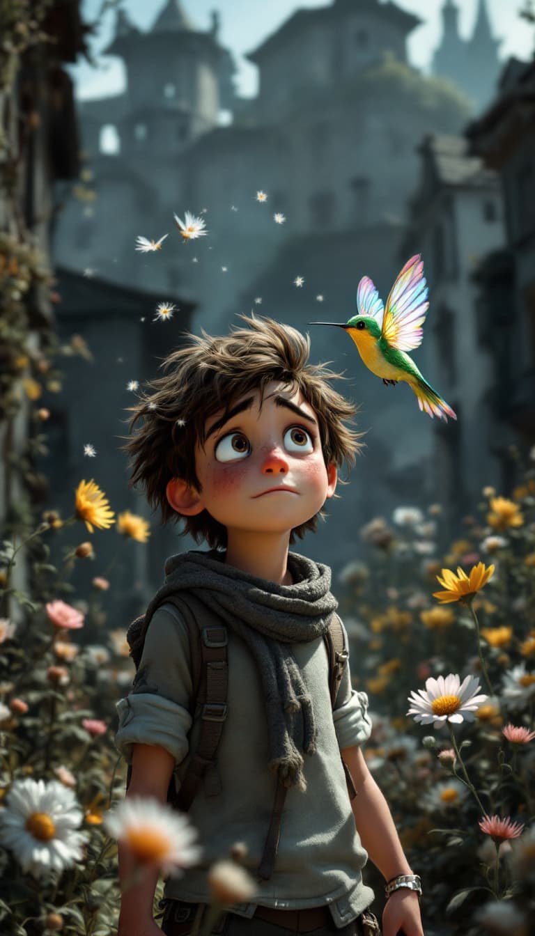 AI generated: Elias, a freckled boy with dandelion hair, standing in a world drained of color. Buildings are dull ...