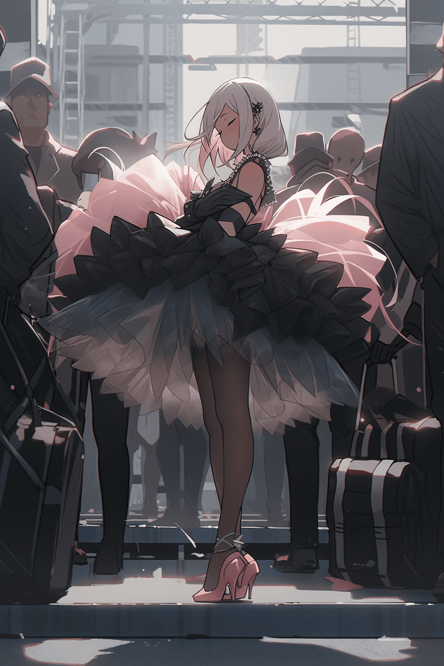 AI generated: a girl in a pink ballet tutu standing on the sidewalk, in the style of lady gaga, dark brown and bla...