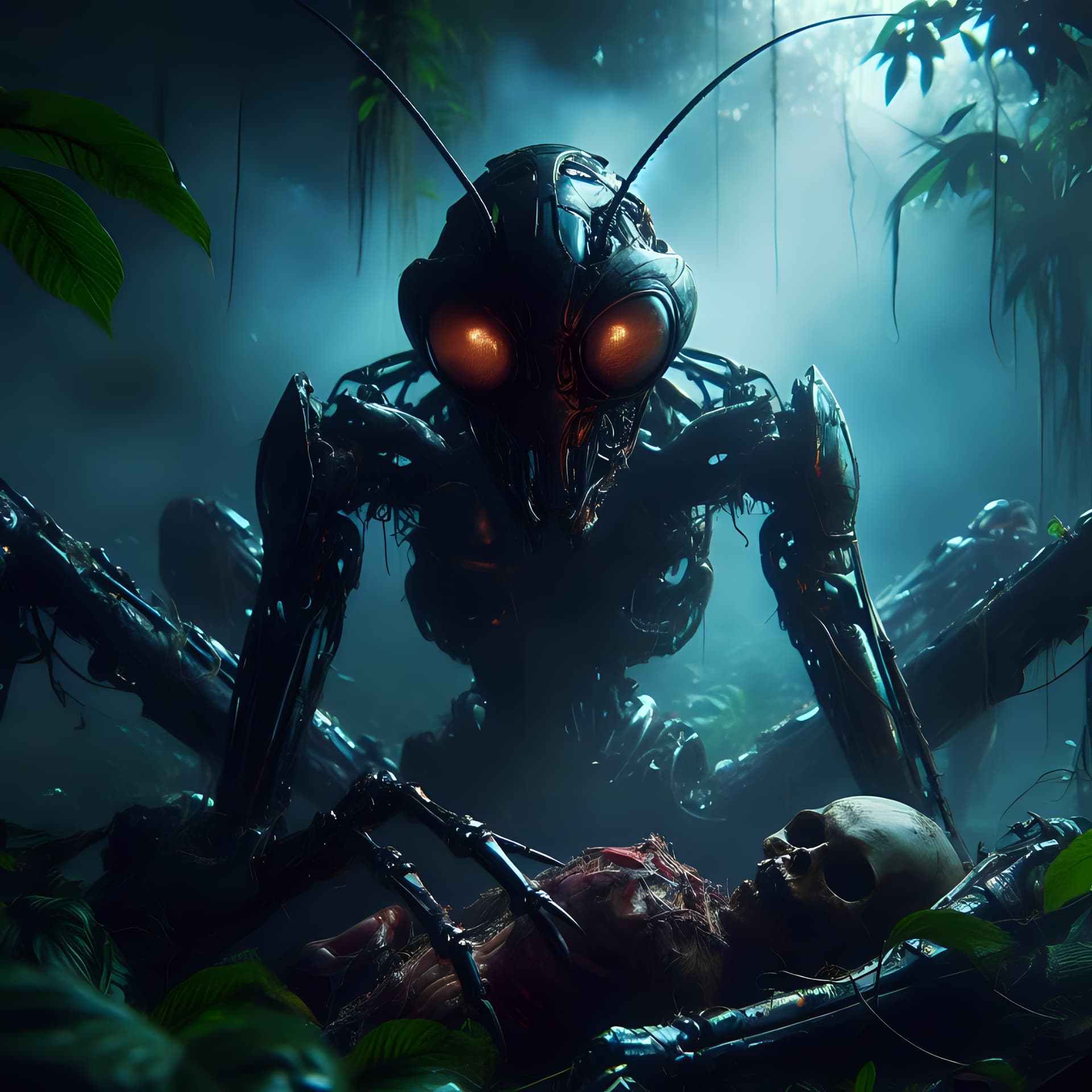AI generated: une photo d'une mante cyborg  dans une jungle avec autour d'elle des restes de corps déchiqueté