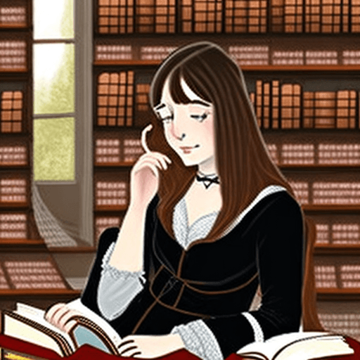 AI generated: an attractive brown-haired woman with chest-length hair sitting in an old library reading a book whi...