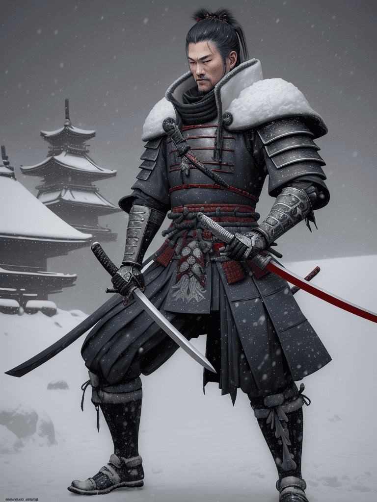 AI generated: a samurai in the snow with swords in his hands, holding in the snow, in the style of realistic fanta...