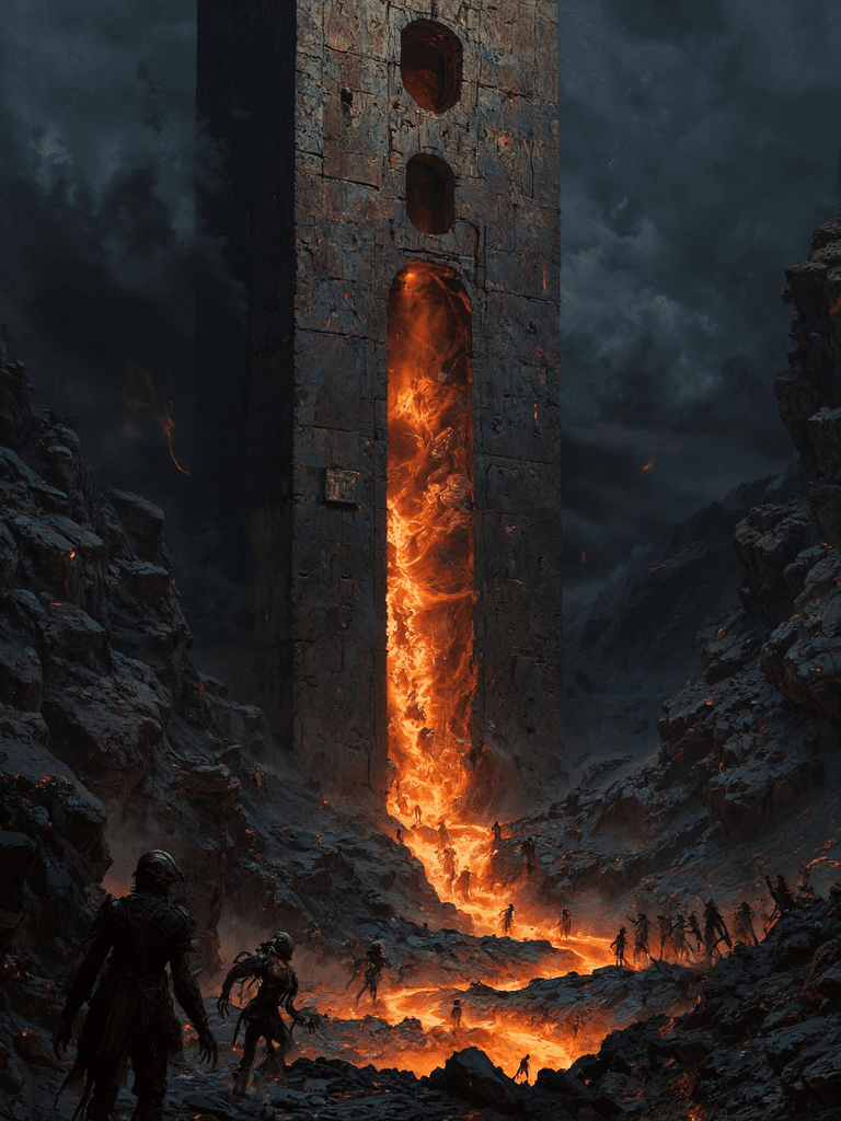 AI generated: A towering, ancient gate to the underworld looms in the distance, carved from dark, weathered stone,...