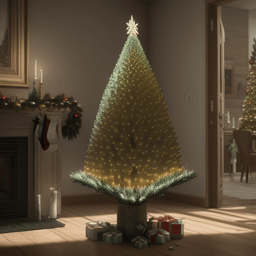 AI generated: Photo of an ultra-realistic inverted Christmas pine tree, spectacular light, created from wine bottl...