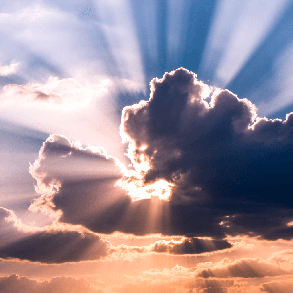 AI generated: Lush, airy clouds through which bright rays of the sun shine. Image in tones: ash-pink, dusty lilac,...