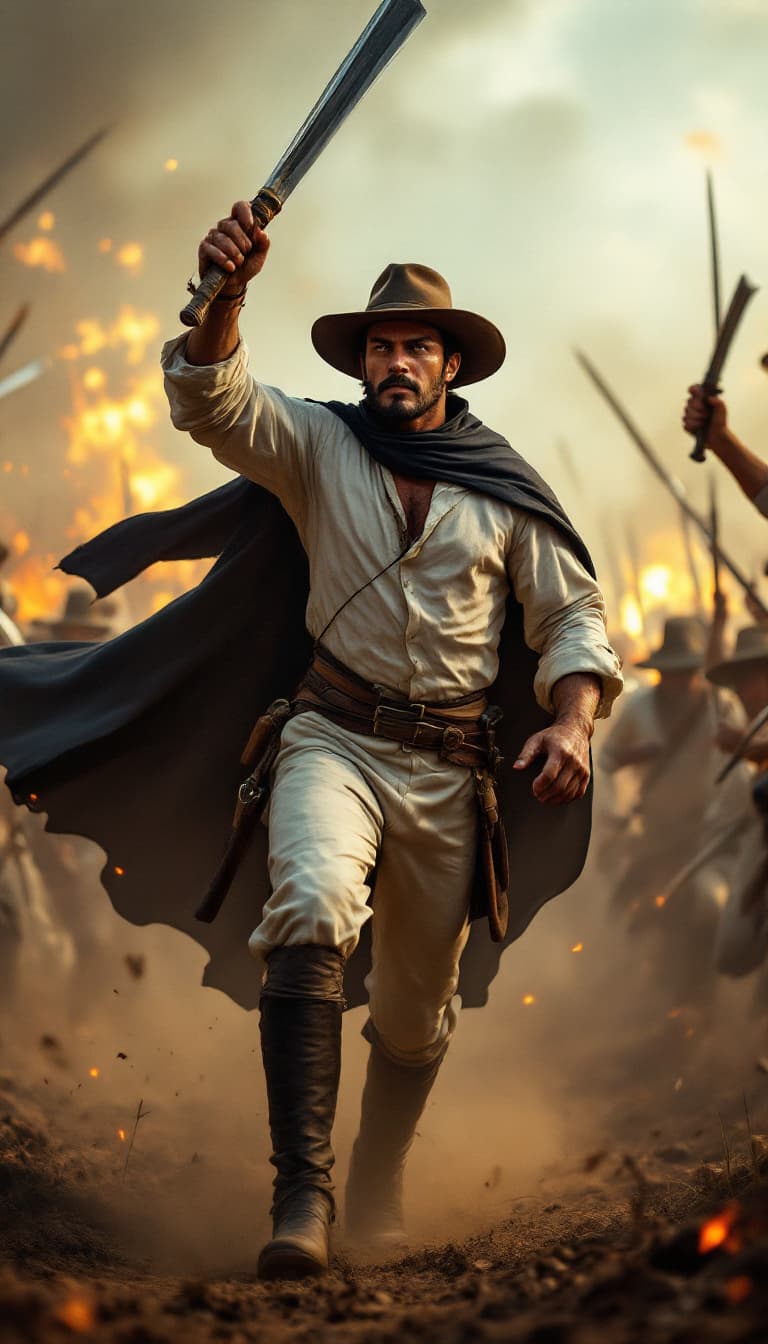 AI generated: venezuelan Soldier   leading a charge with machete raised, in the venezuelan epic battle in 1817, dr...