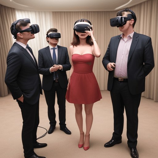 AI generated: Three middle aged men watching a young innocent and sweet looking female reporter in an luxurious ro...