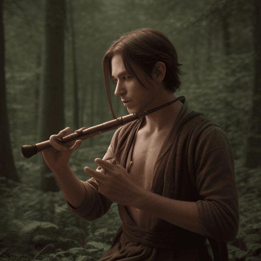 AI generated: an average looking, DnD human, in a forest, plaing a wooden piccolo flute, cinematic light, 4k, phot...