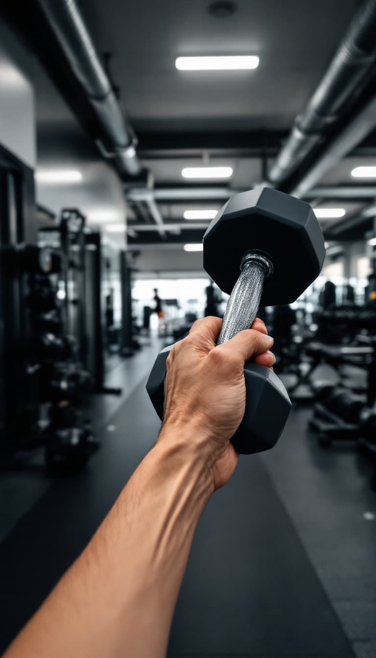 AI generated: POV, I am working out in a gym, holding a dumbbell naturally in my hand. Only my hands are visible i...