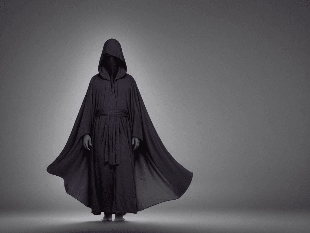 AI generated: The image depicts a person wearing a long, flowing robe with a hood that covers their head and face,...