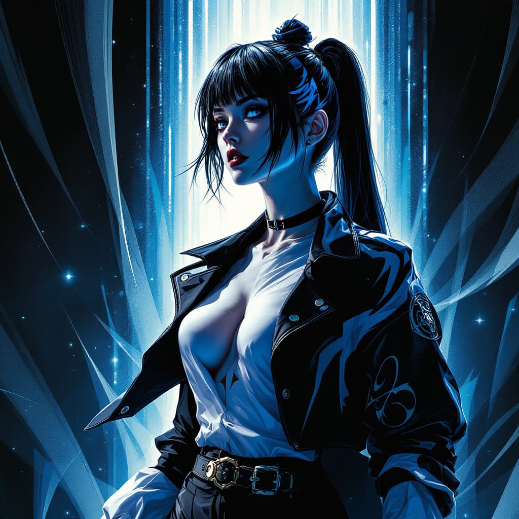 AI generated: Movie poster featuring a female character in a striking palette of black, white, and blue, in the st...