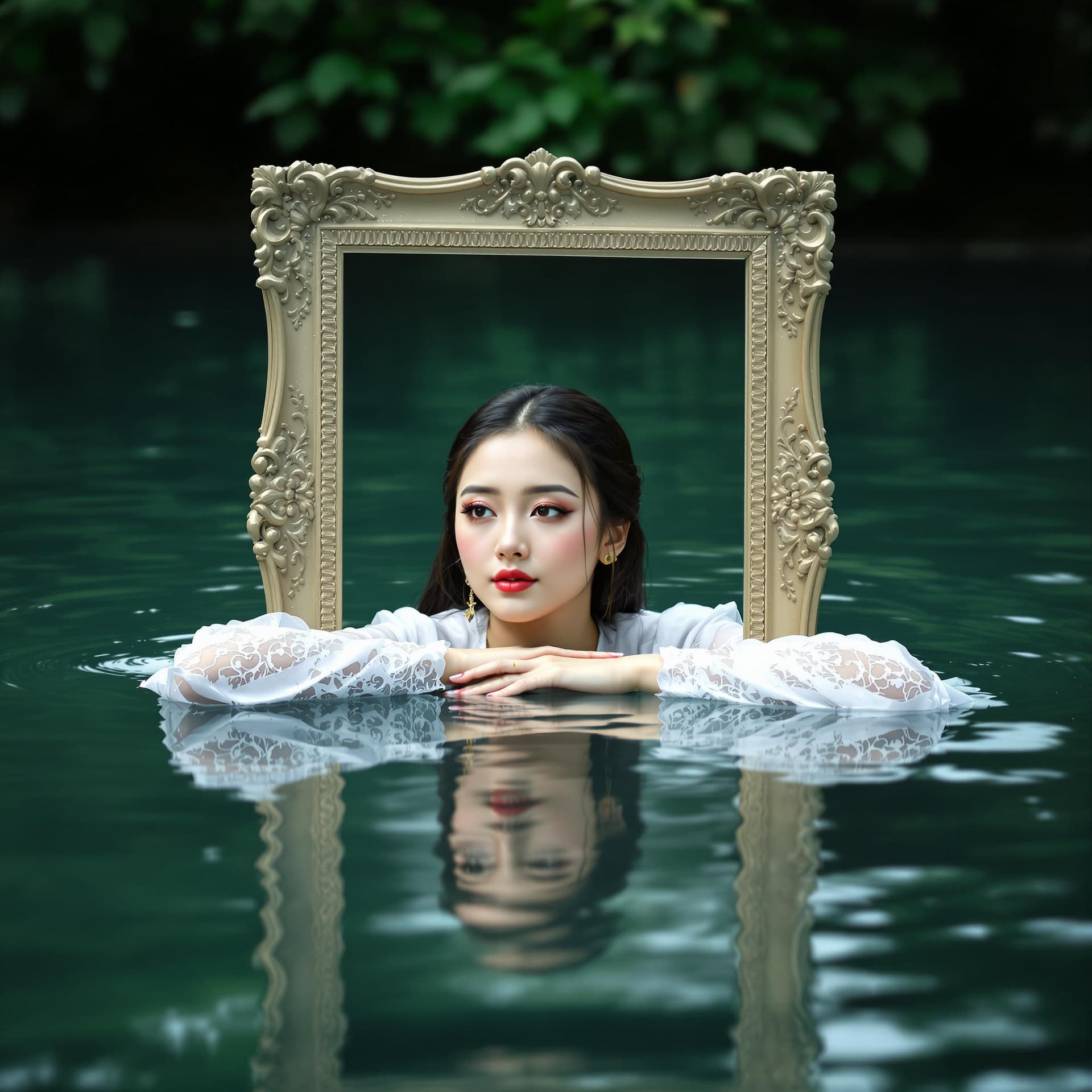 AI generated: A visually captivating photograph shows a woman submerged in water up to her shoulders, framed perfe...