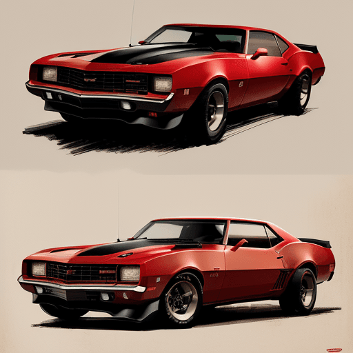 AI generated: red Chevrolet Camaro 1973 type LT full bumper red with creamy stripes, driving, in the style of sam ...