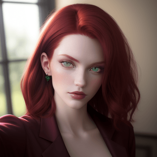 AI generated: photo featuring a model for a selfie, burgundy red hair color, dark emerald-colored eyes, deep gaze,...