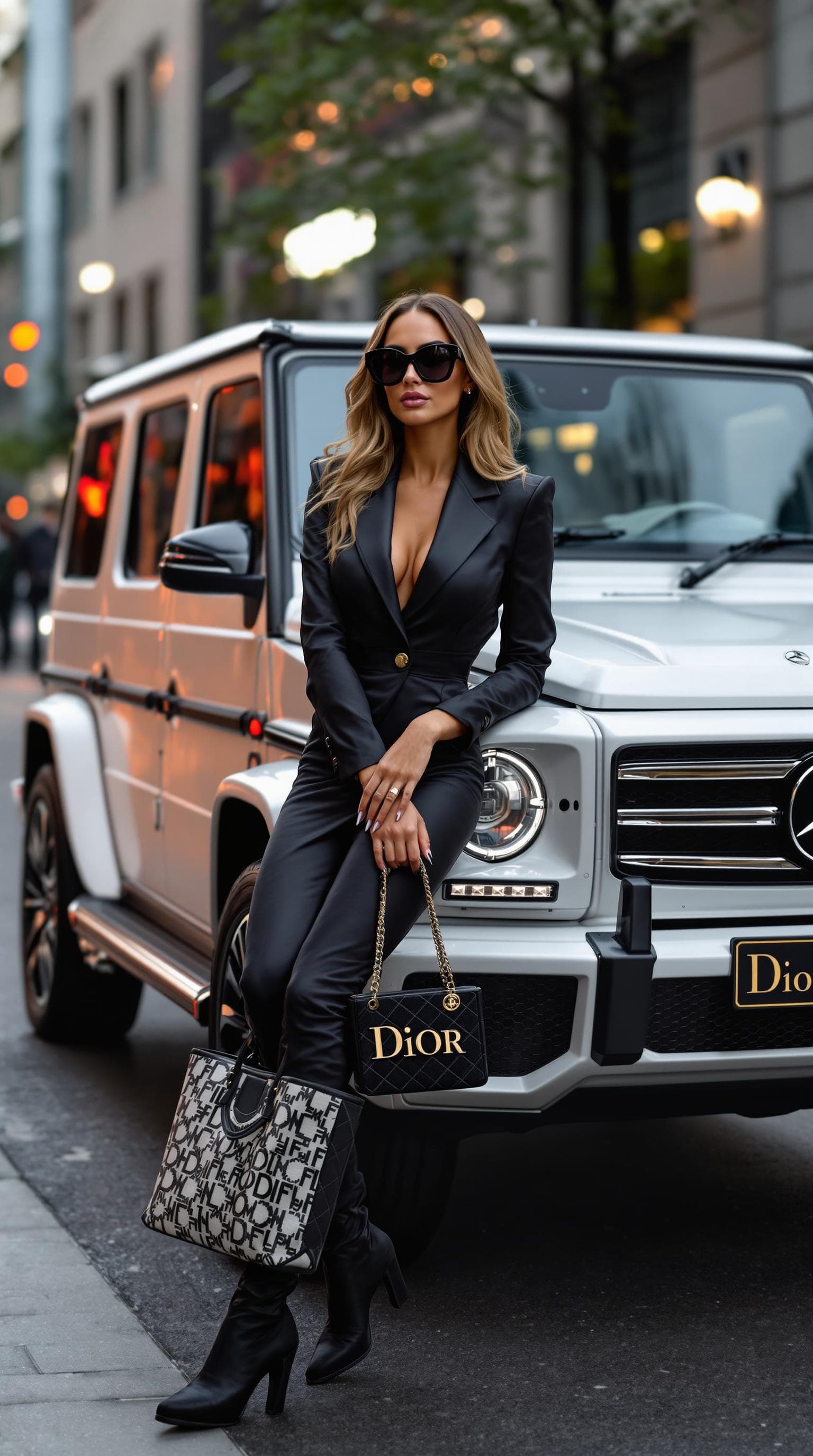 AI generated: A confident woman leaning against a white Mercedes G-Wagon, dressed in a sleek all-black Fendi outfi...
