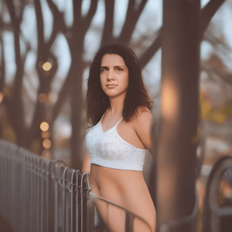 AI generated: A woman with dark wavy hair stands outdoors at dusk, facing the camera with a serious expression. Sh...