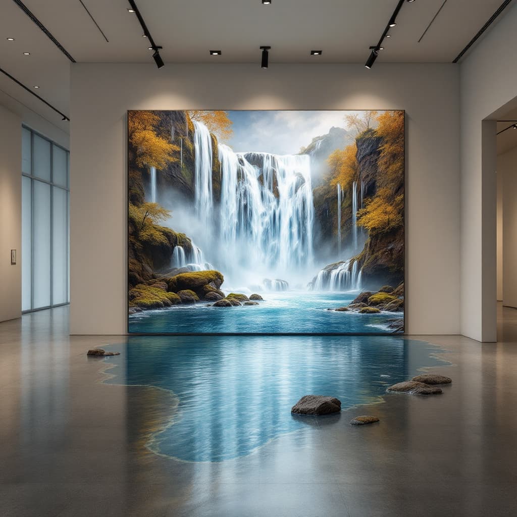 AI generated: Generate a realistic photo of an art gallery showcasing a large, detailed painting of a majestic wat...