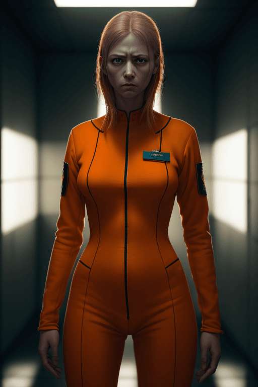AI generated: female prisoner, prison, orange suit, cell, looking at viewer, portrait, photography,  detailed skin...