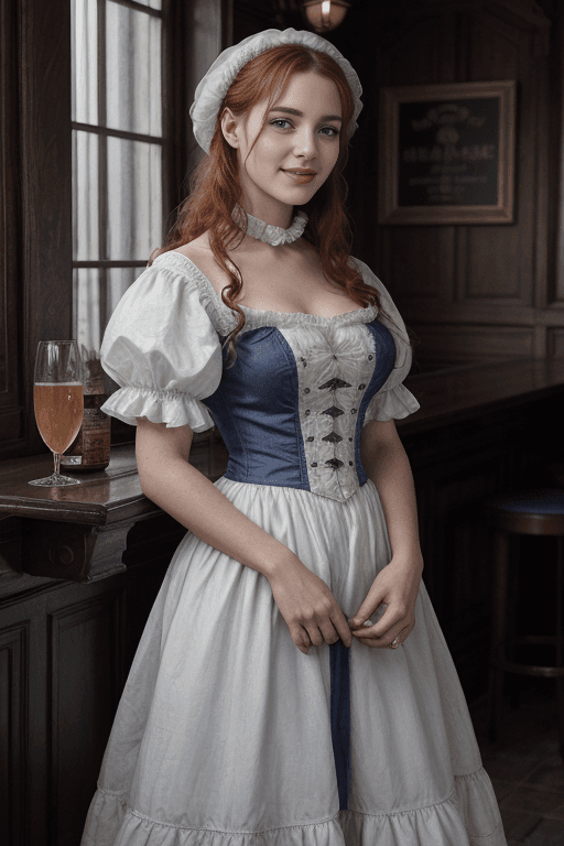 AI generated: 1girl, (Blake Lively:0.5 | Ana de Armas:0.6), (Colonial style bar wench), (long messy red hair), (Co...