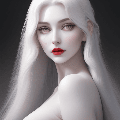 AI generated: A woman with skin as white as ivory and long, flowing dark gray hair that cascades down her back lik...