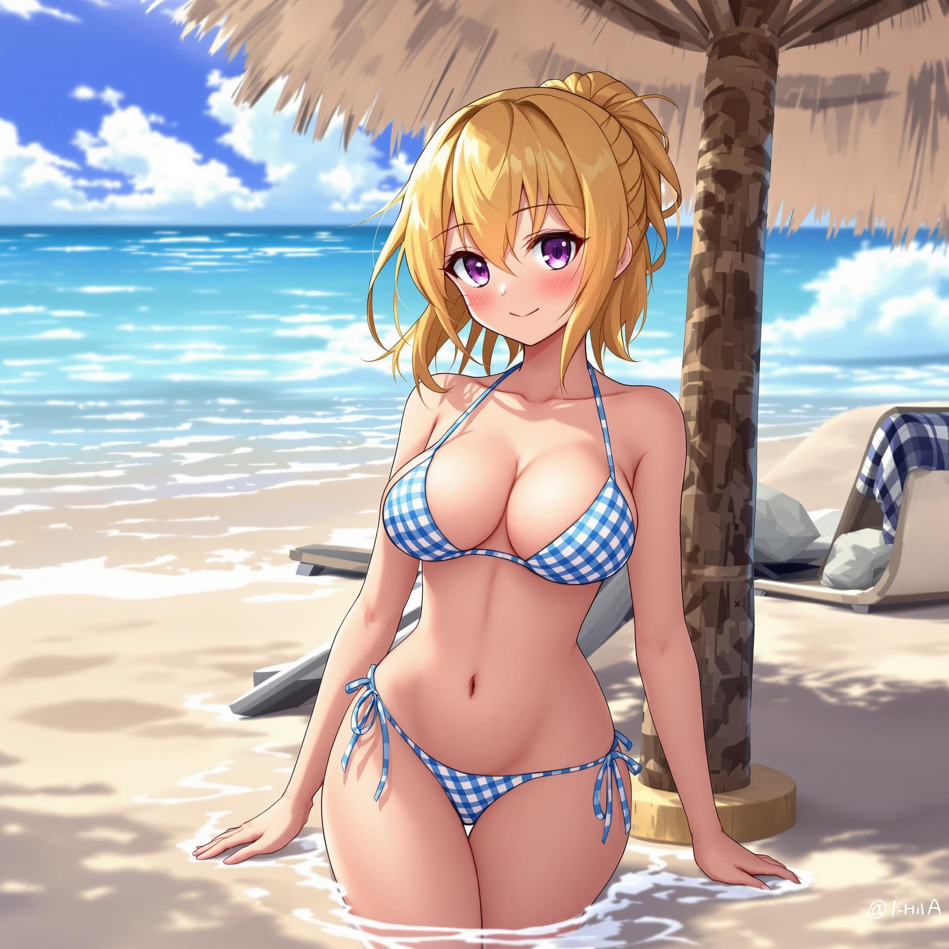 AI generated: Anime girl, in a beach, wearing a bikini, medium chest, yellow hair, tied up, medium length hair, cu...