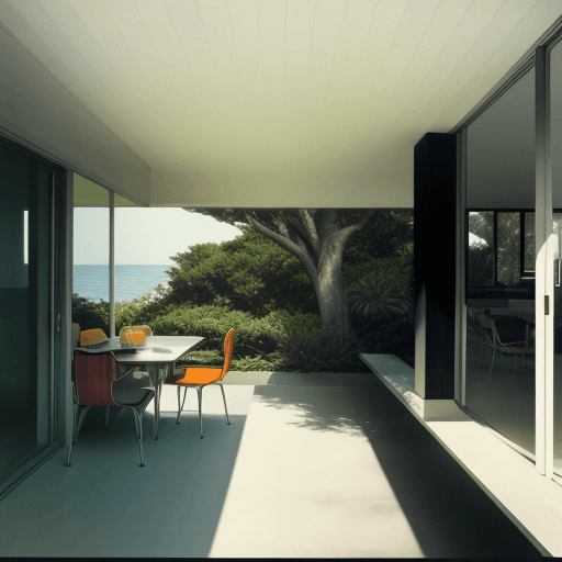 AI generated: Hyper realistic eye level exterior photo of a mid century modern style house overlooking the ocean, ...