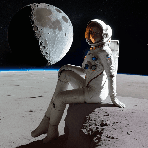 AI generated: pretty woman sitting at the edge of a moon crater wearing a space suit

