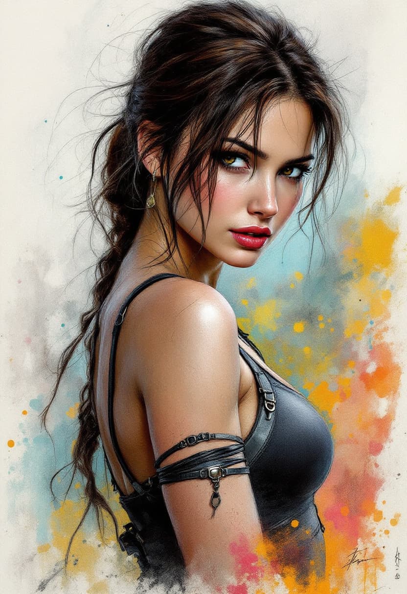 AI generated: Portrait tilted at 45 degrees, dynamic pose,  Lara Croft: Tomb Raider, Art Nouveau, Neo-Impressionis...