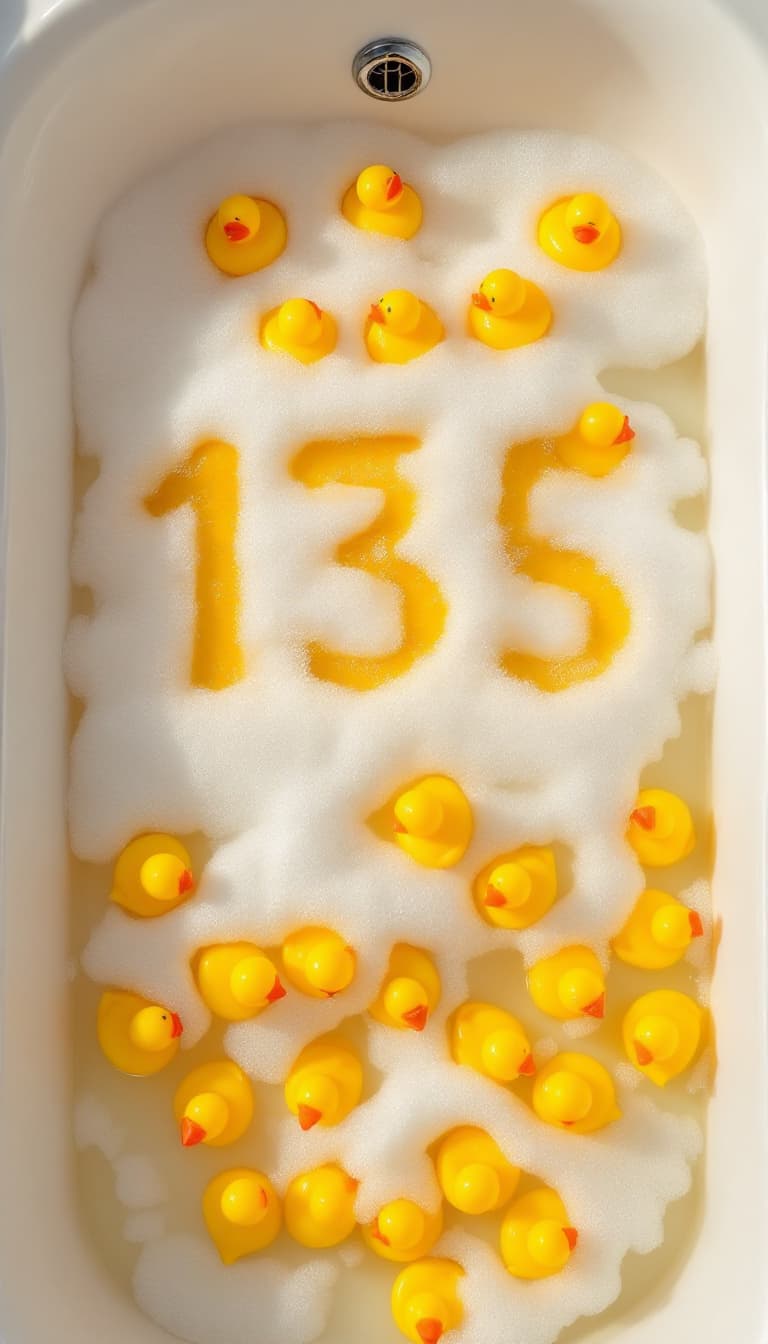 AI generated: top down angle photo of a bath full of foam and (yellow duckies forming a number "136")