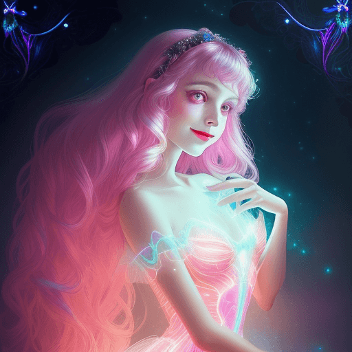AI generated: Hologram, bioluminescent dress made of bright glowing colorful fairy lights, moonlit night backgroun...