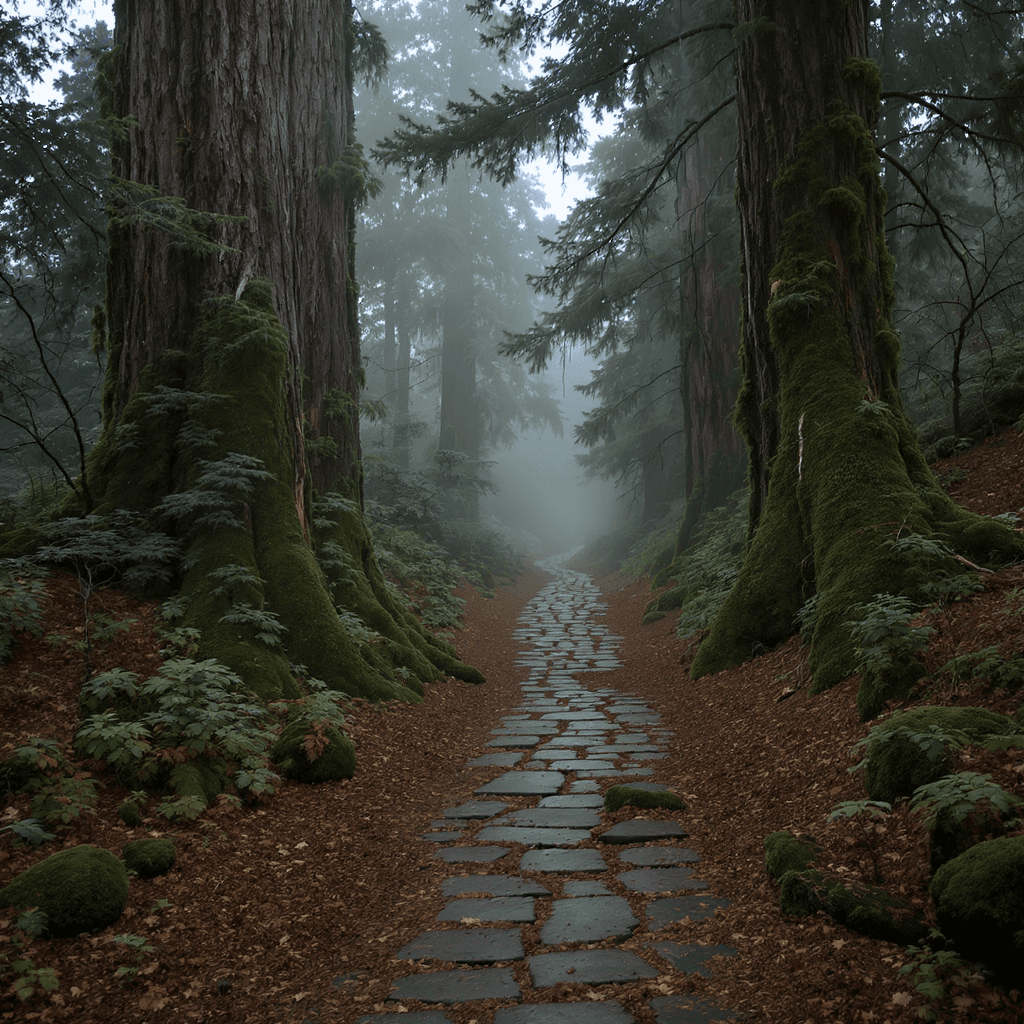 AI generated: Long moss-covered stone path cutting through colossal trees, cracked cobblestones barely visible und...