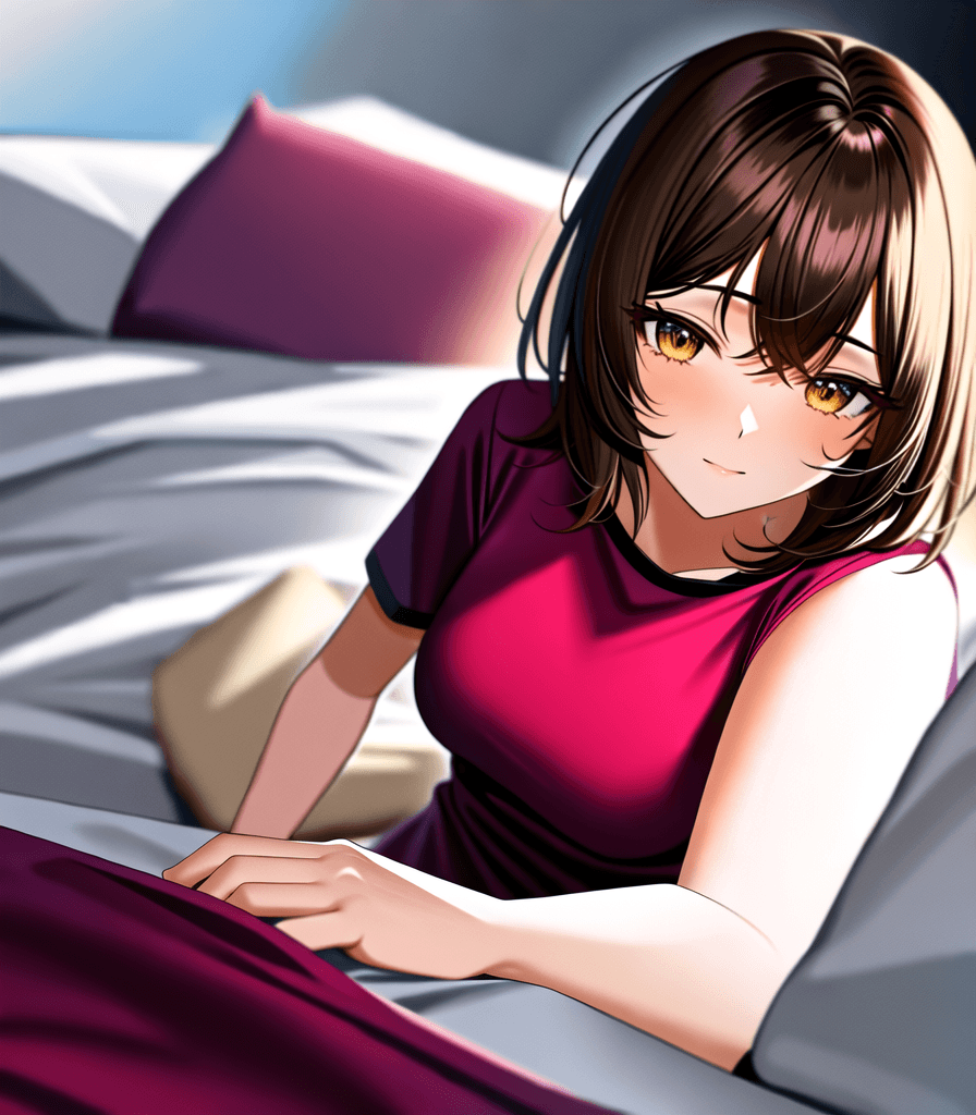 AI generated: perfect anime illustration, 1girl, messy hair, medium hair, brown hair, hazel eyes, medium breasts, ...