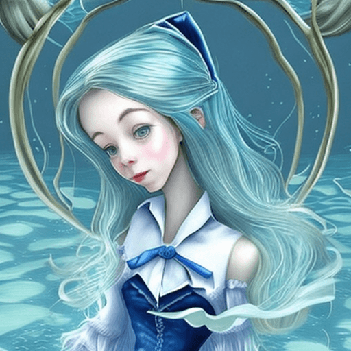 AI generated: Please create a depiction of an adult version of Alice from "Alice in Wonderland" wearing her classi...