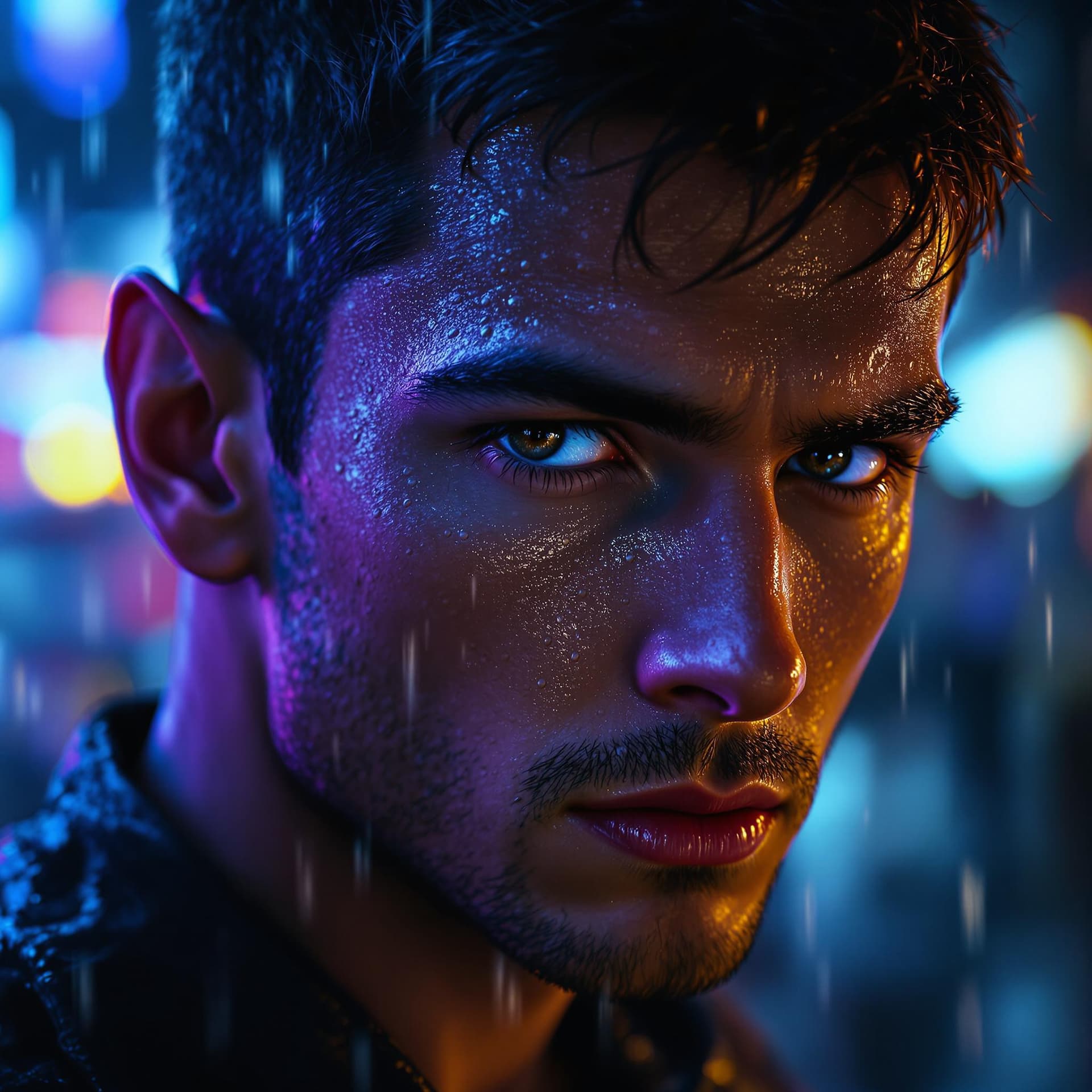 AI generated: A young man with sharp facial features, short dark hair, and deep, expressive eyes stares intensely ...