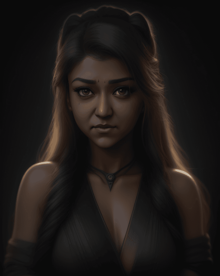 AI generated: Nayanthara art by Weta Digital, by Wētā FX, by WLOP, Cinematic, vantage point, Color Grading, depth,...