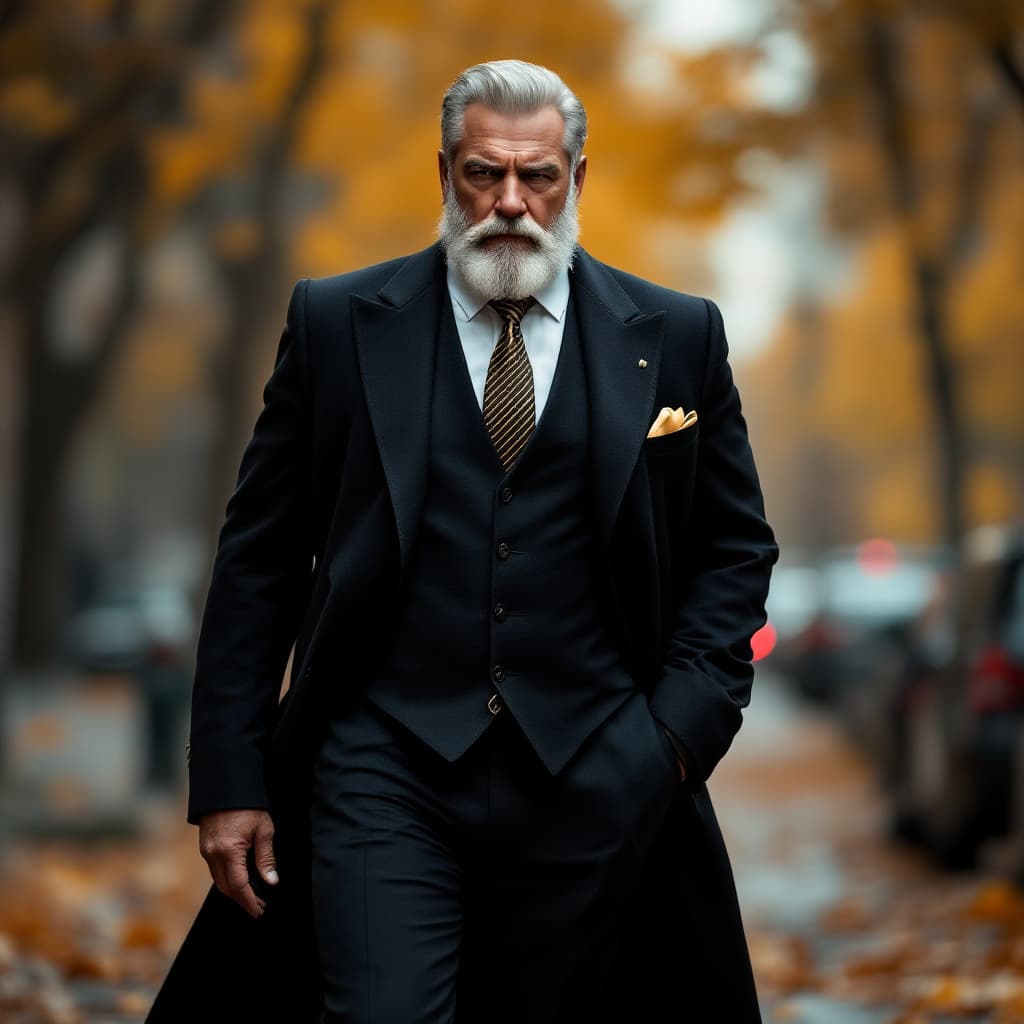 AI generated: A rich strong man dressed in an expensive suit walking down the street in autumn,Cinematic Photo,bes...