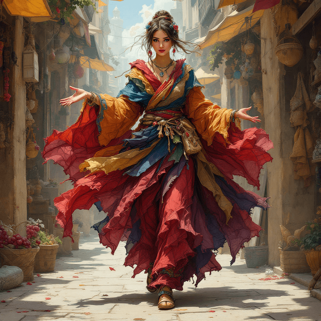 AI generated: A fantasy art full-body depiction of a woman, a traveling merchant, in her vibrant marketplace. Her ...