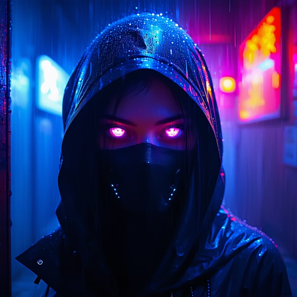 AI generated: A dark cyberpunk portrait of a mysterious figure, half of their face shrouded in shadows while the o...