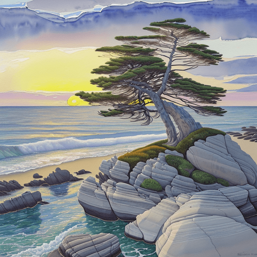 AI generated: a painting of a tree sitting on top of a rock, a watercolor painting, inspired by Arthur Lismer, cg ...