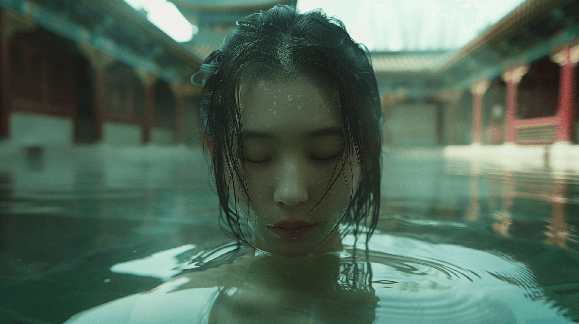 AI generated: A Chinese courtyard, Ancient style, A beautiful crying girl,Half face is robot;; waterReflection;24m...